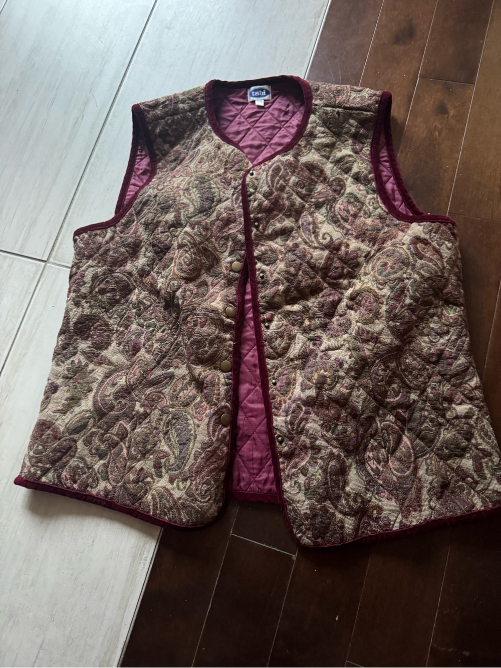 Vintage tapestry Quilted Paisley Vest in Burgundy